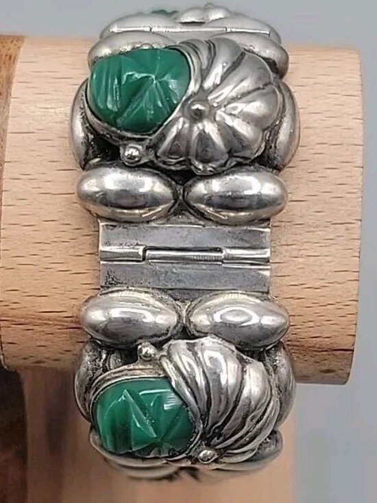 Rancho Alegre Jewelry - VTG Rancho Alegre Taxco 925 Green Onyx 5-Face Portrait Panel Bracelet 60.67g 7"
